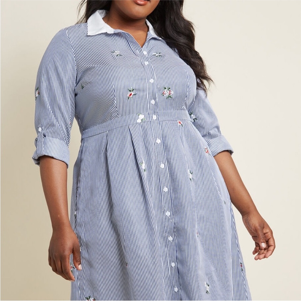 ModCloth Broadcast Coordinator Floral Embroidered Striped Shirt Dress 1X